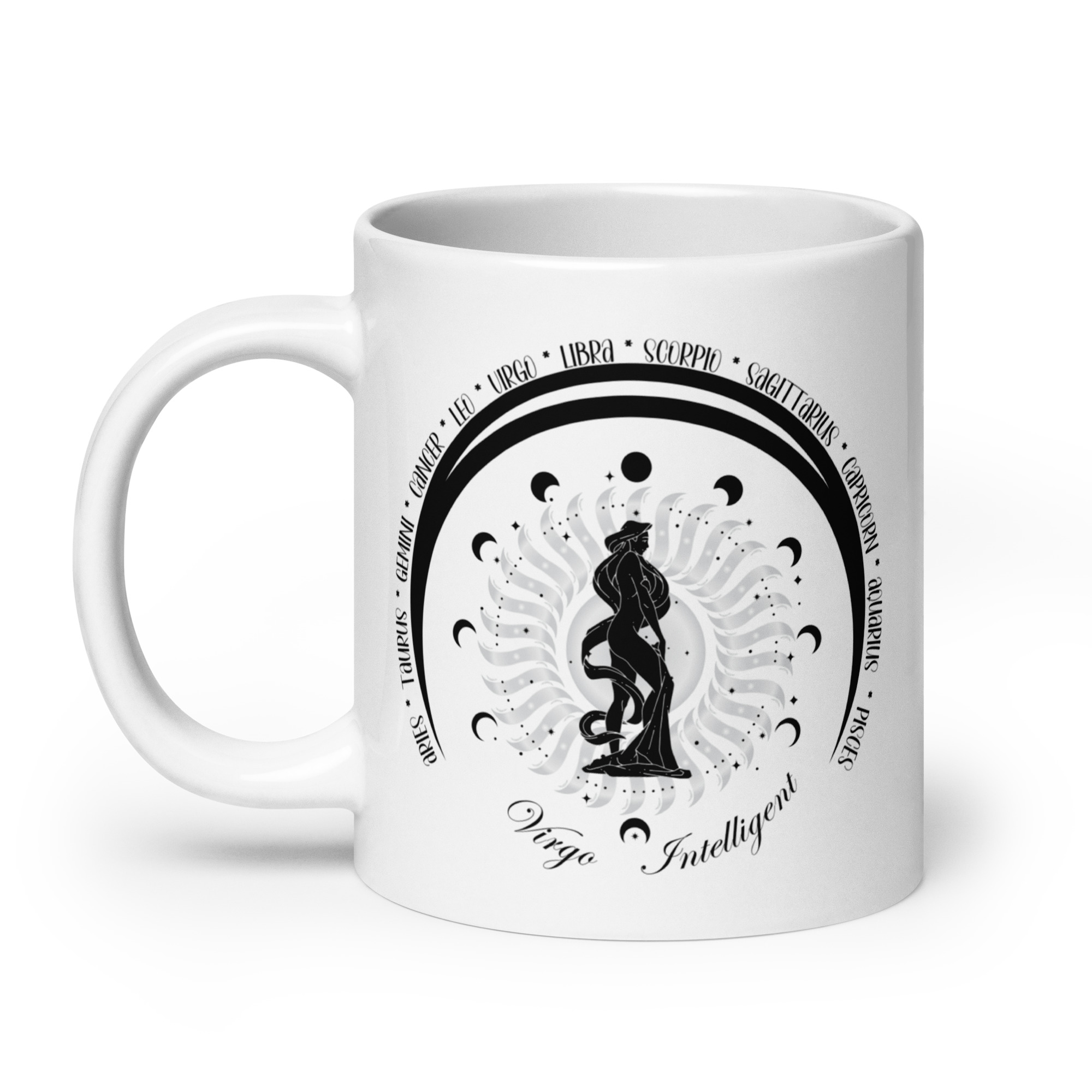 Zodiac Virgo Intelligent - Moon Cycles, Stars, Tribal Circle - White glossy mug - Image 2