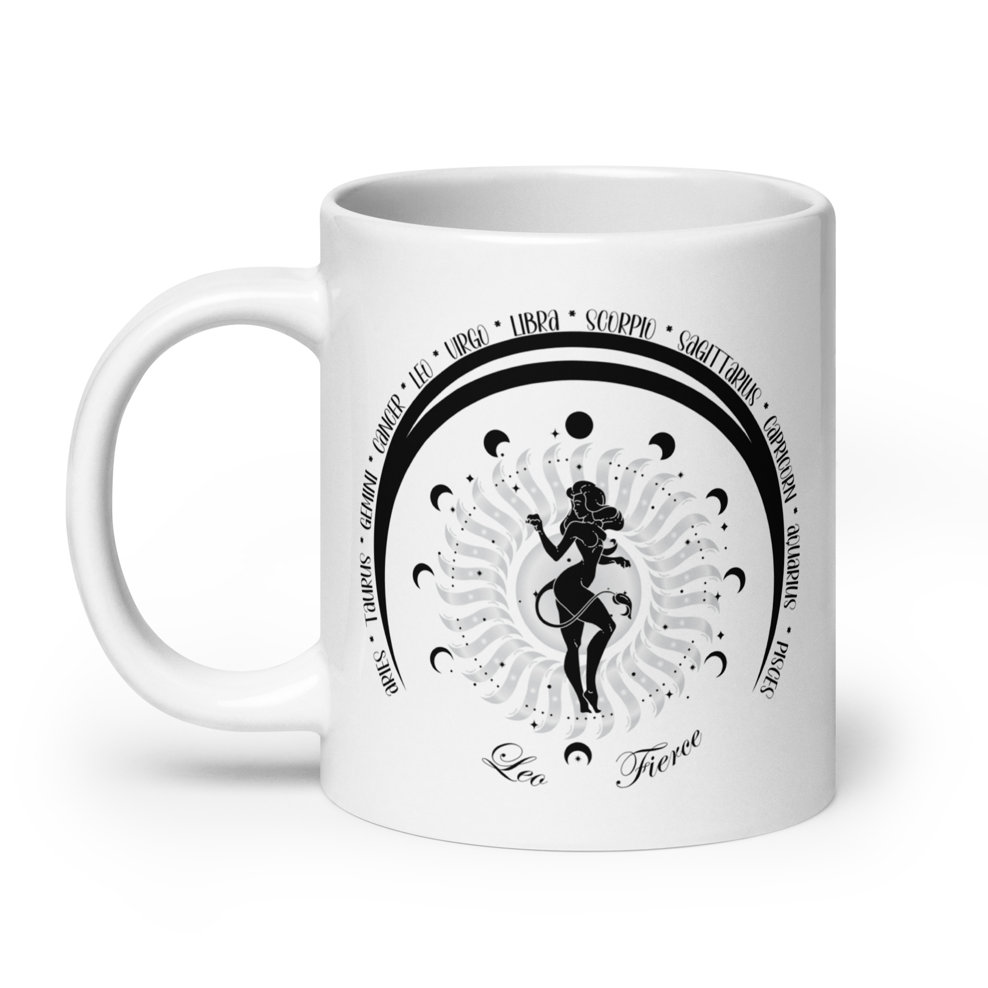 Zodiac Leo Fierce - Moon Cycles, Stars, Tribal Circle - White glossy mug - Image 2