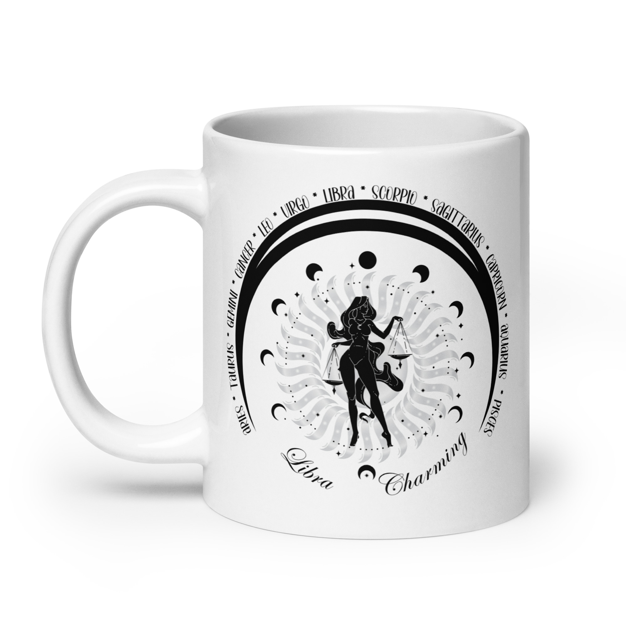 Zodiac Libra - Moon Cycles, Stars, Tribal Circle - White glossy mug - Image 2