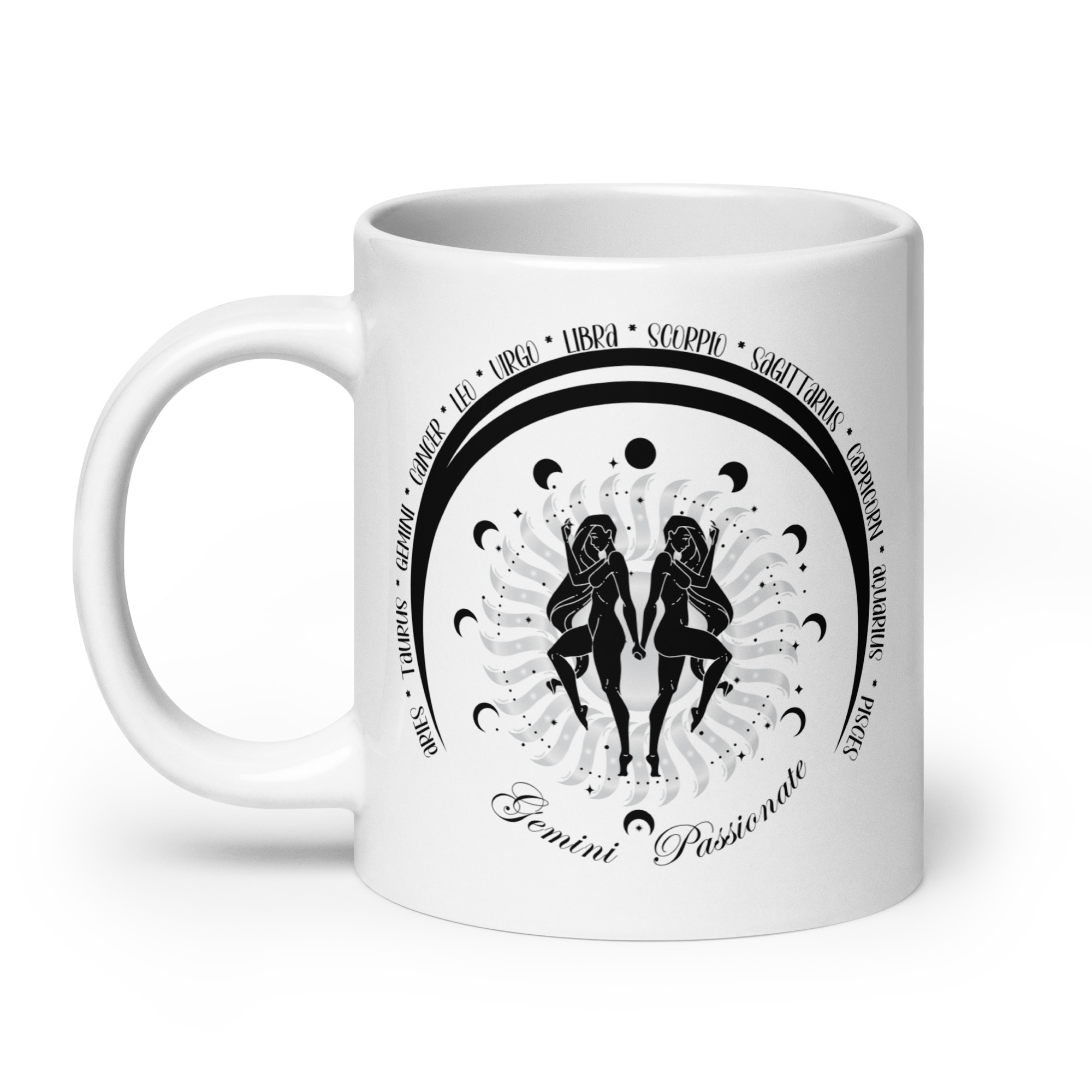 Zodiac Gemini - Moon Cycles, Stars, Tribal Circle - White glossy mug - Image 2