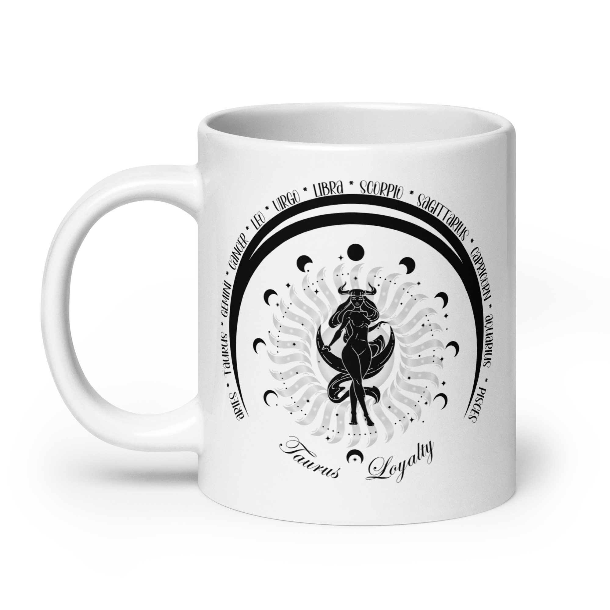 Zodiac Taurus Intuitive - Moon Cycles, Stars, Tribal Circle - White glossy mug - Image 2