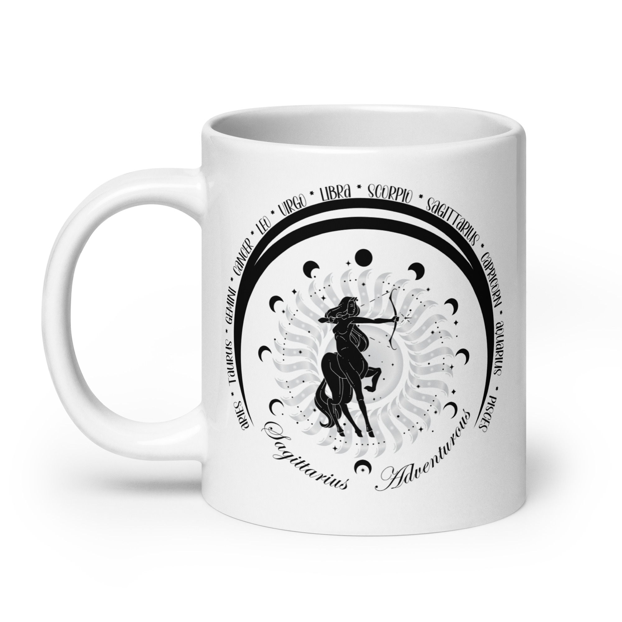 Zodiac Sagittarius - Moon Cycles, Stars, Tribal Circle - White glossy mug - Image 2