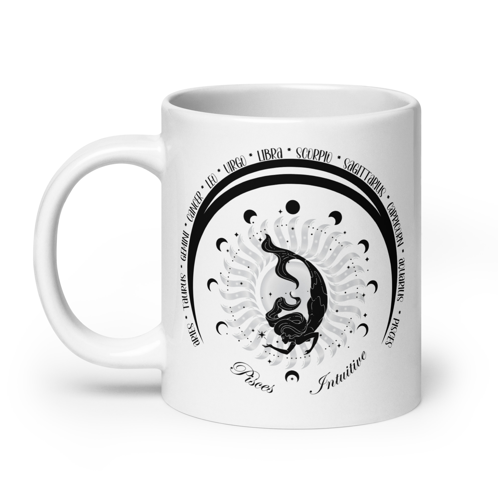Zodiac Pisces - Moon Cycles, Stars, Colorful Design - White glossy mug - Image 2