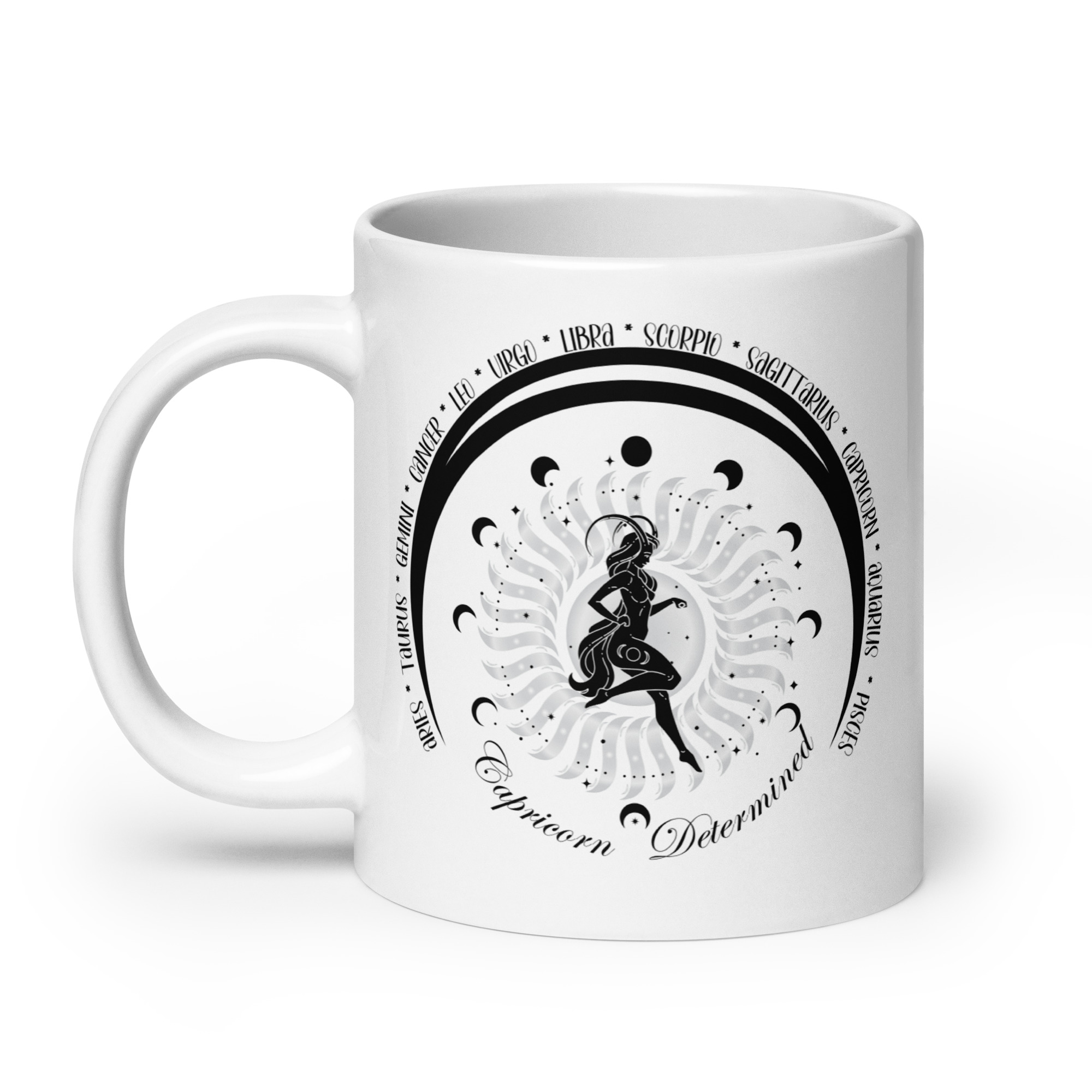 Zodiac Capricorn - Moon Cycles, Stars, Tribal Circle - White glossy mug - Image 2