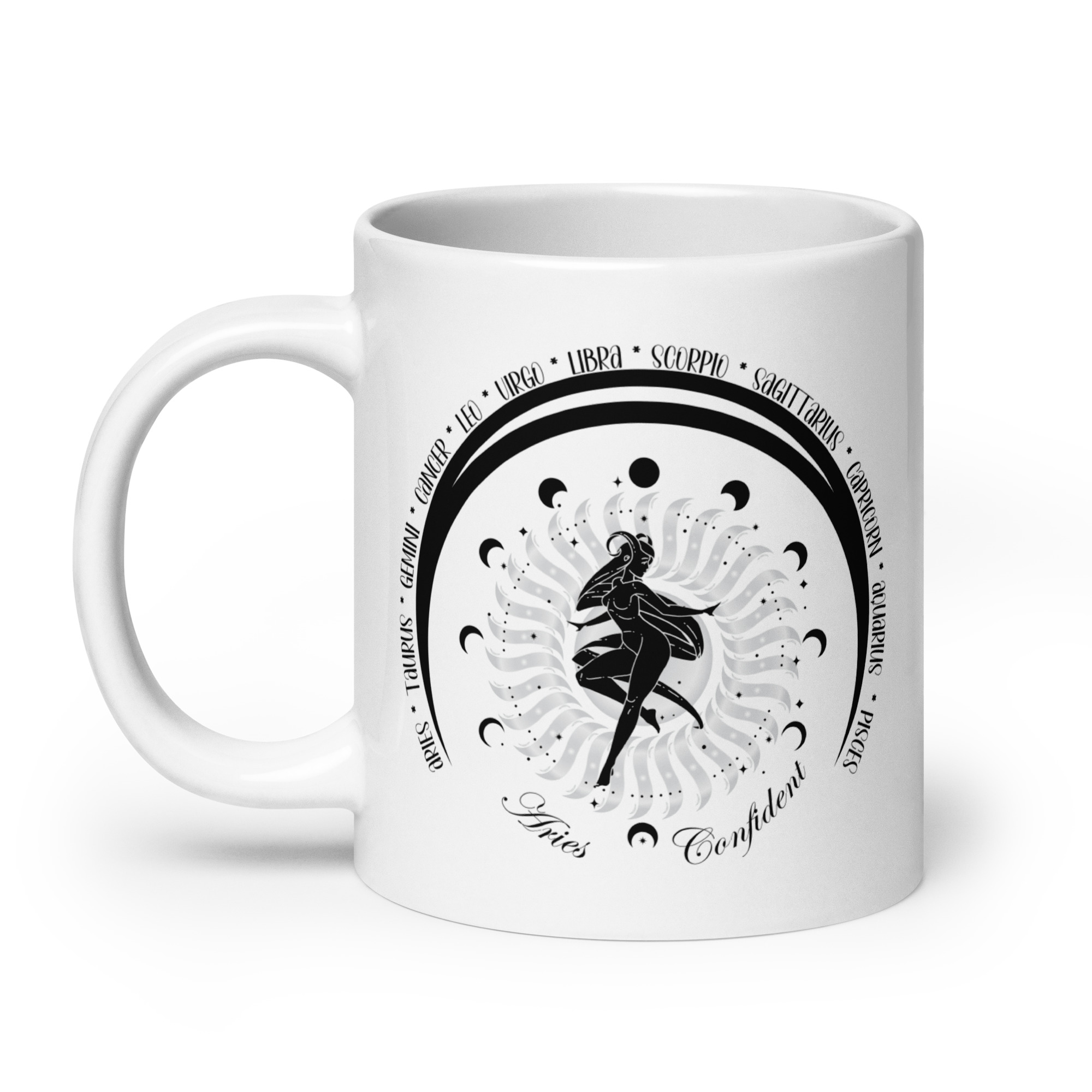 Zodiac Aries - Moon Cycles, Stars, Tribal Circle - White glossy mug - Image 2