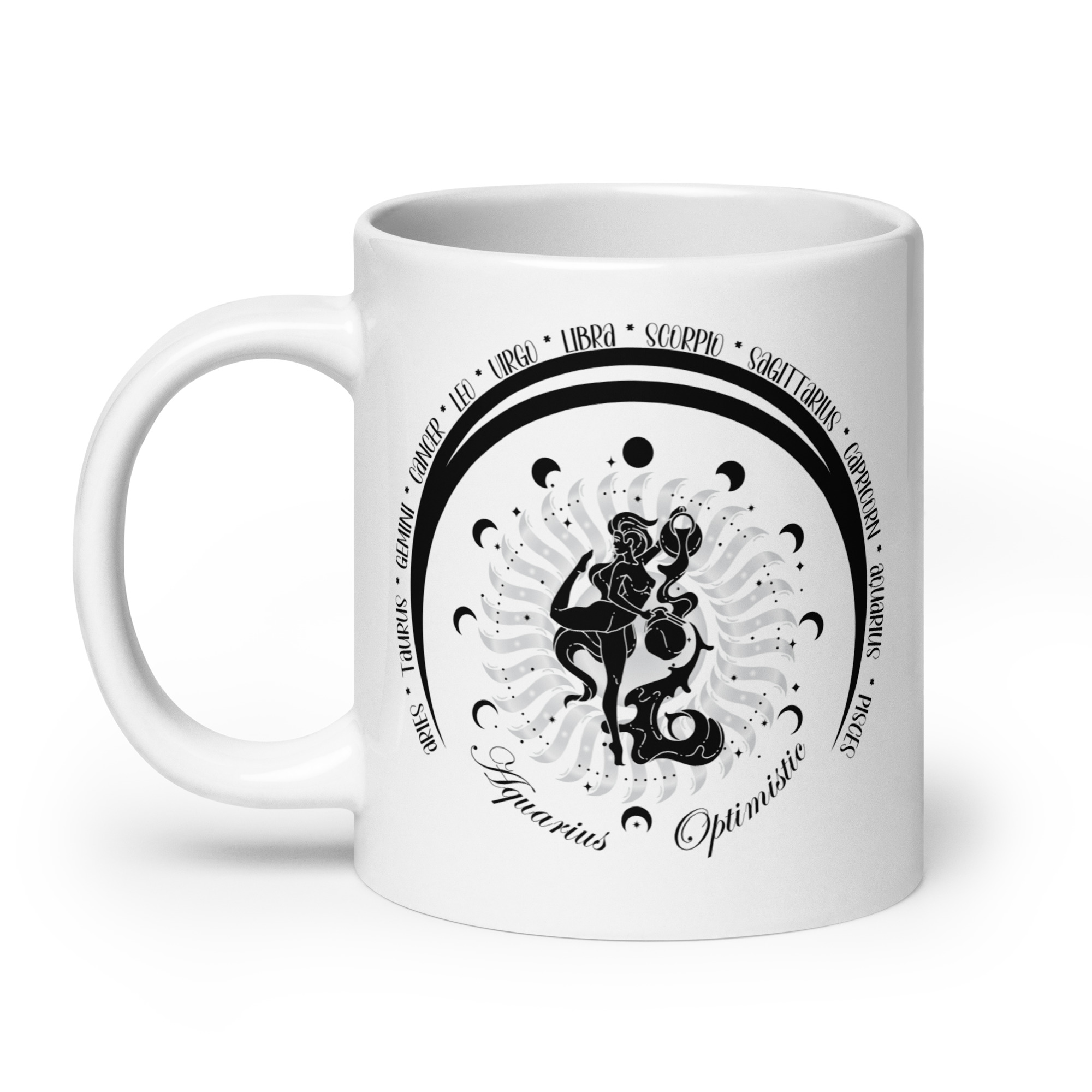 Zodiac Aquarius - Moon Cycles, Stars, Tribal Circle - White glossy mug - Image 2