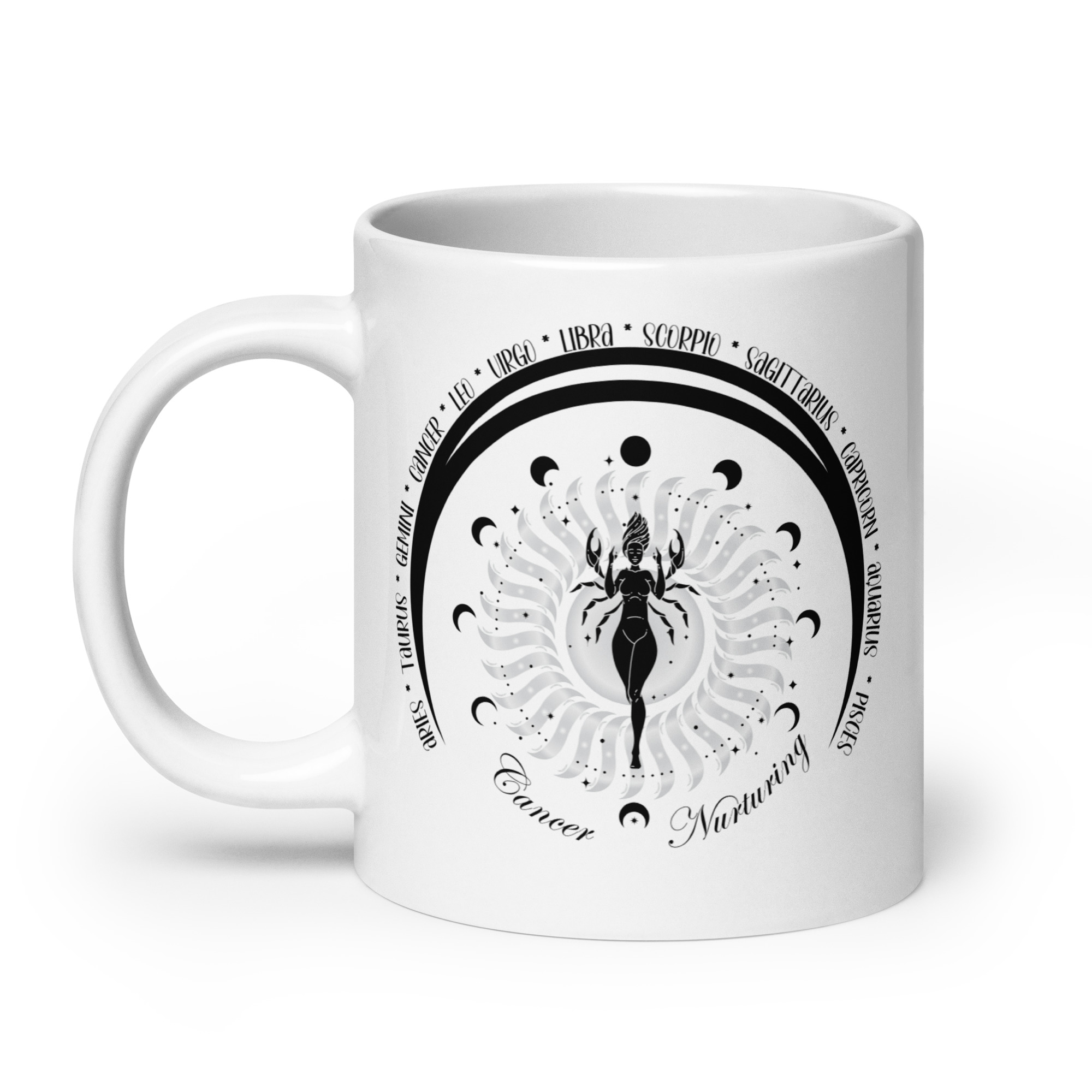 Zodiac Cancer - Moon Cycles, Stars, Tribal Circle - White glossy mug - Image 2