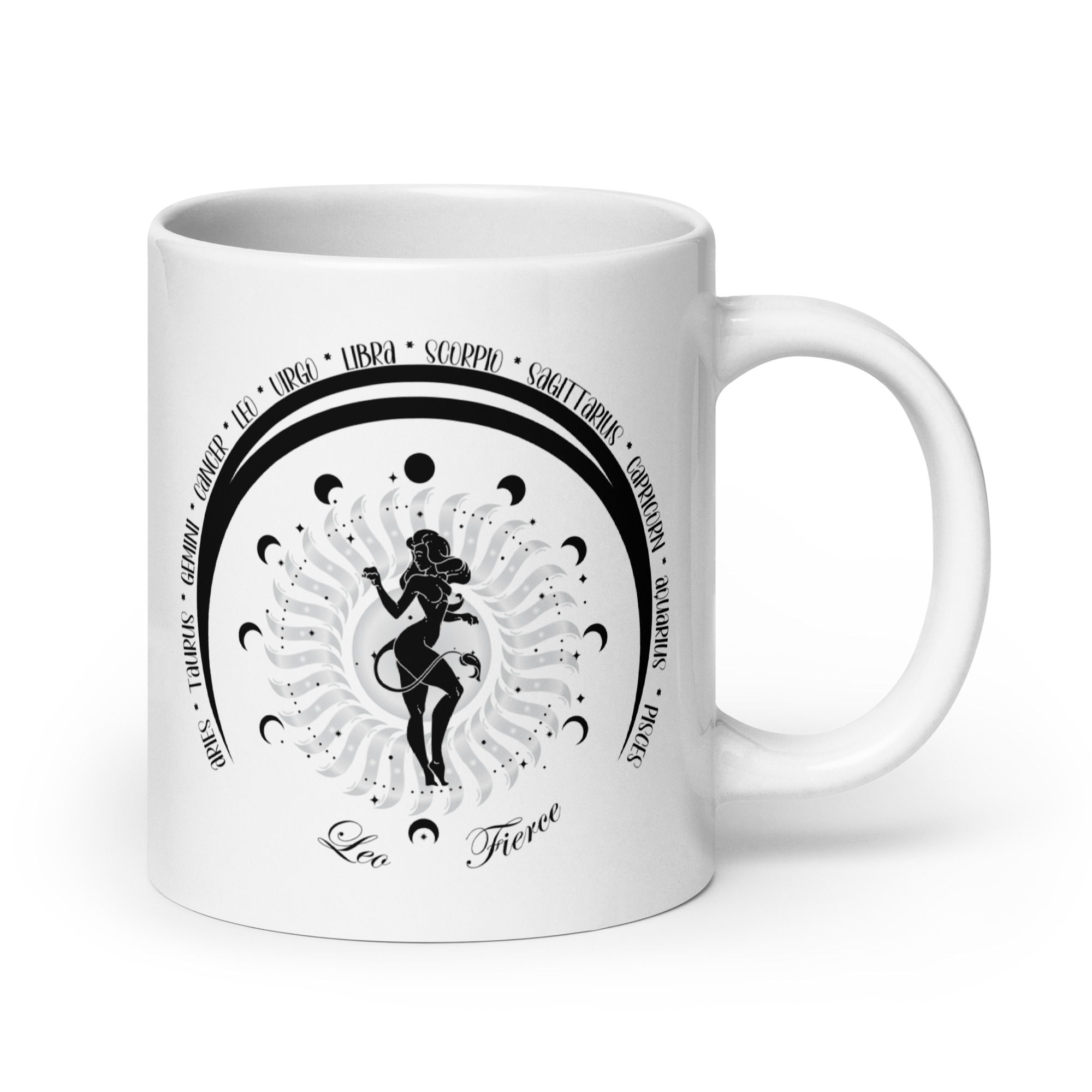 Zodiac Leo Fierce - Moon Cycles, Stars, Tribal Circle - White glossy mug