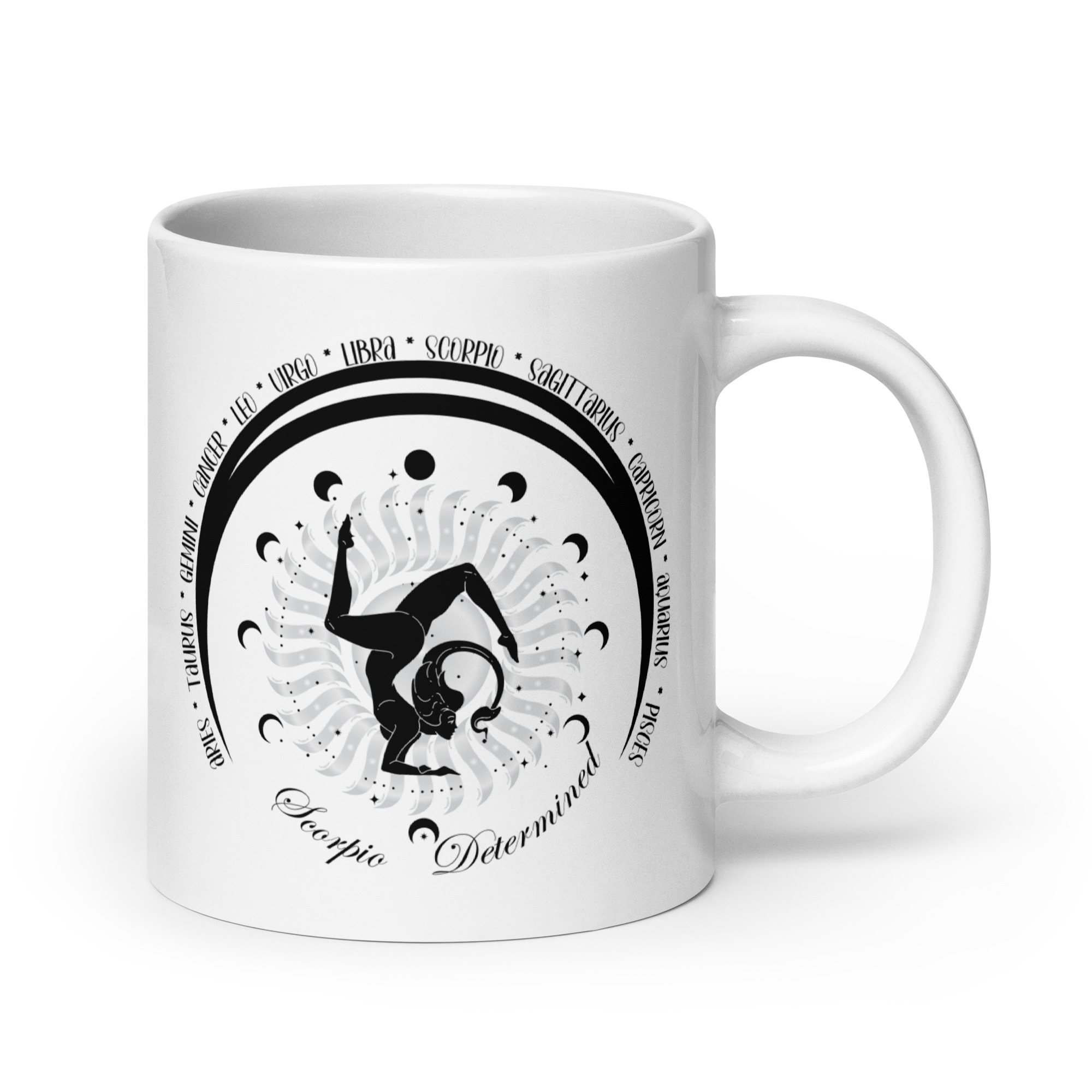 Zodiac Scorpio - Moon Cycles, Stars, Colorful Design - White glossy mug
