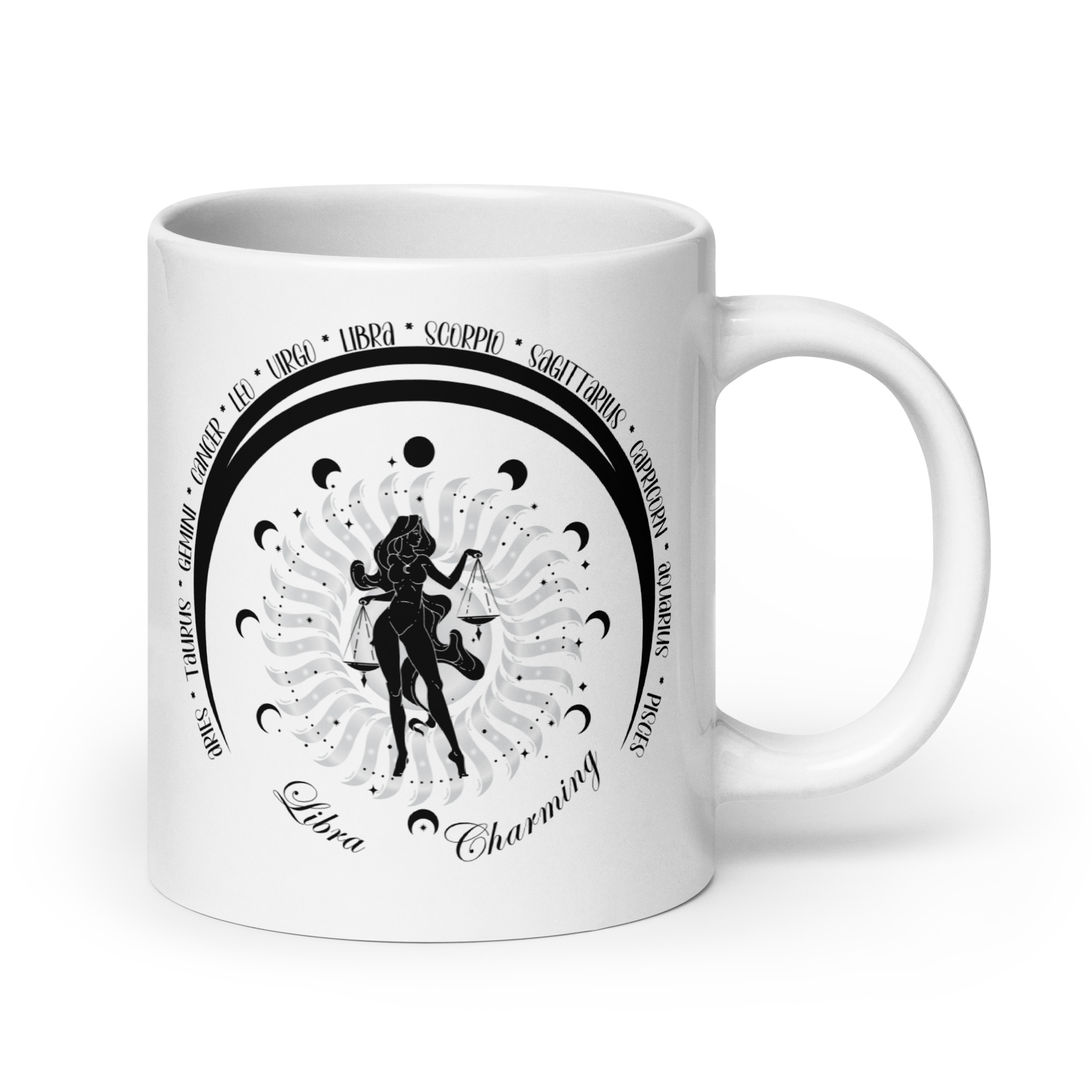 Zodiac Libra - Moon Cycles, Stars, Tribal Circle - White glossy mug