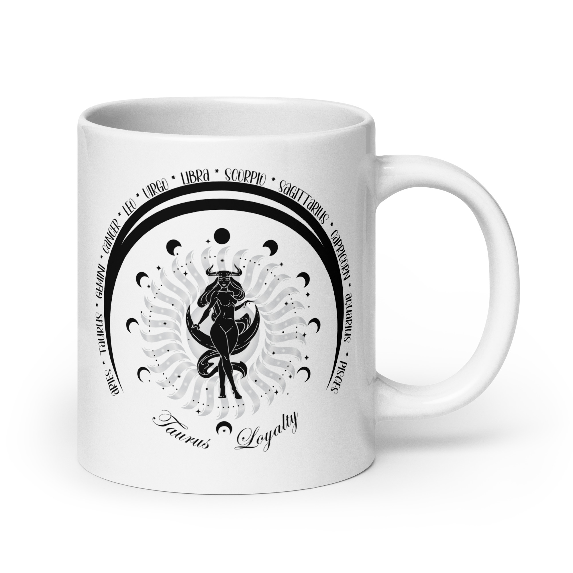 Zodiac Taurus Intuitive - Moon Cycles, Stars, Tribal Circle - White glossy mug