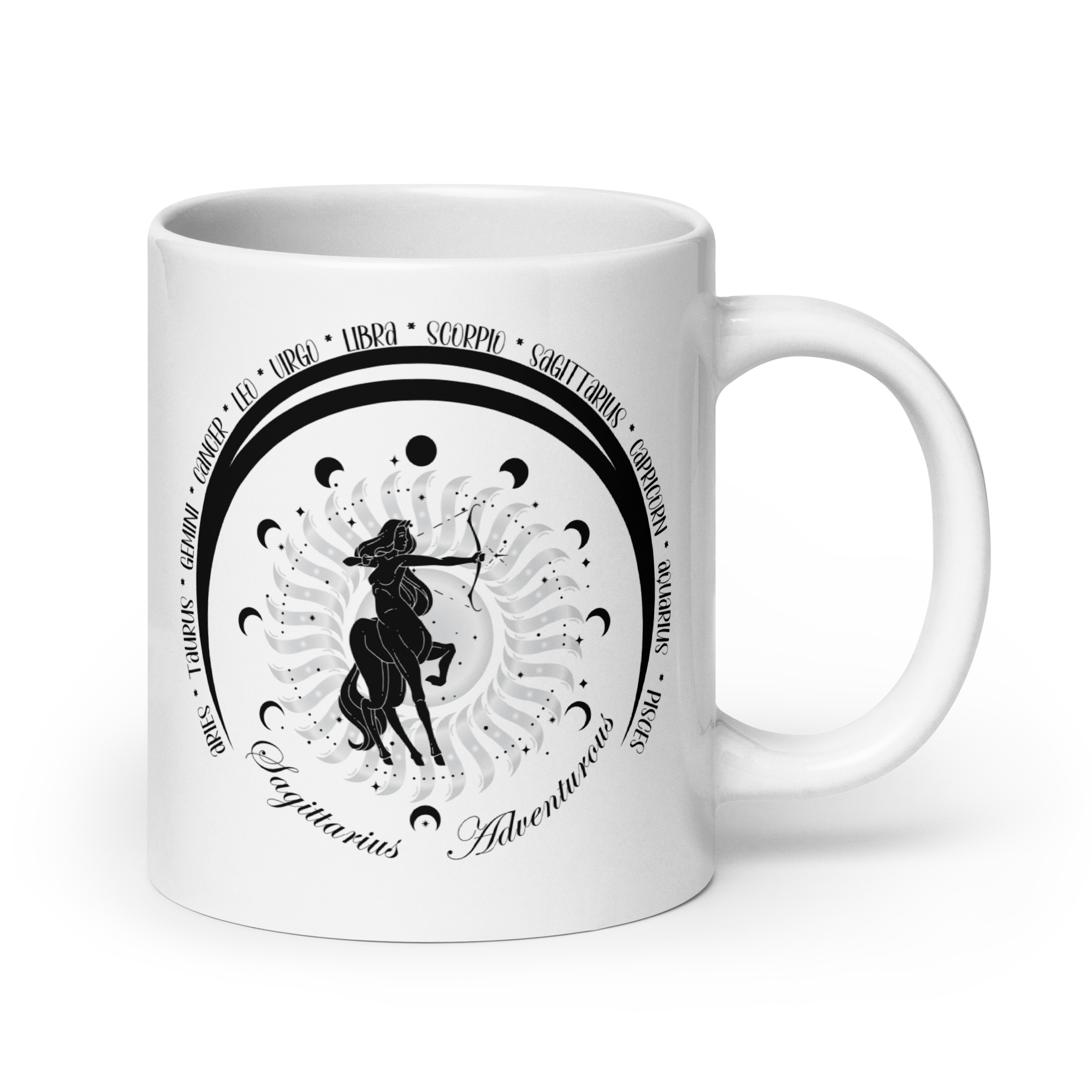 Zodiac Sagittarius - Moon Cycles, Stars, Tribal Circle - White glossy mug