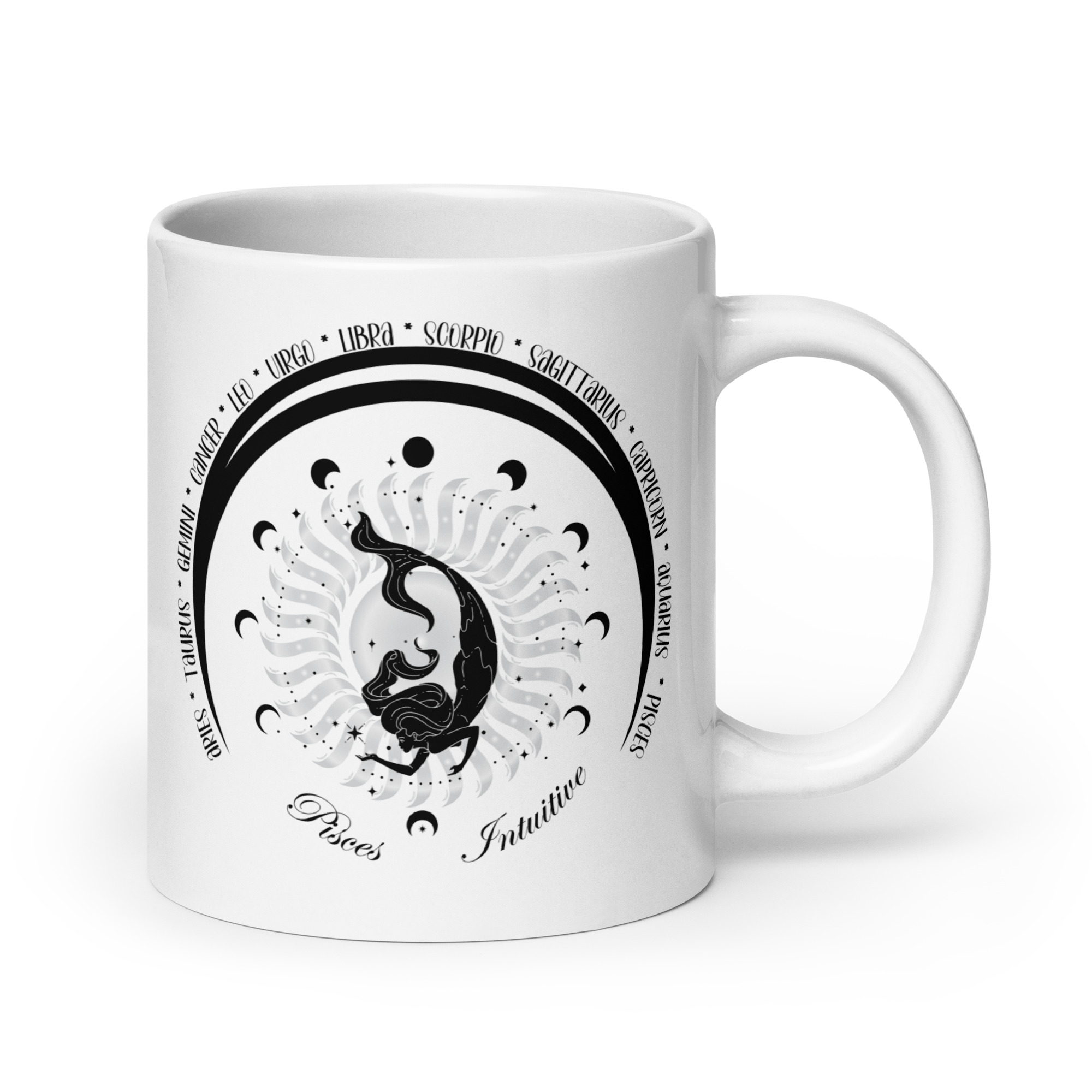 Zodiac Pisces - Moon Cycles, Stars, Colorful Design - White glossy mug