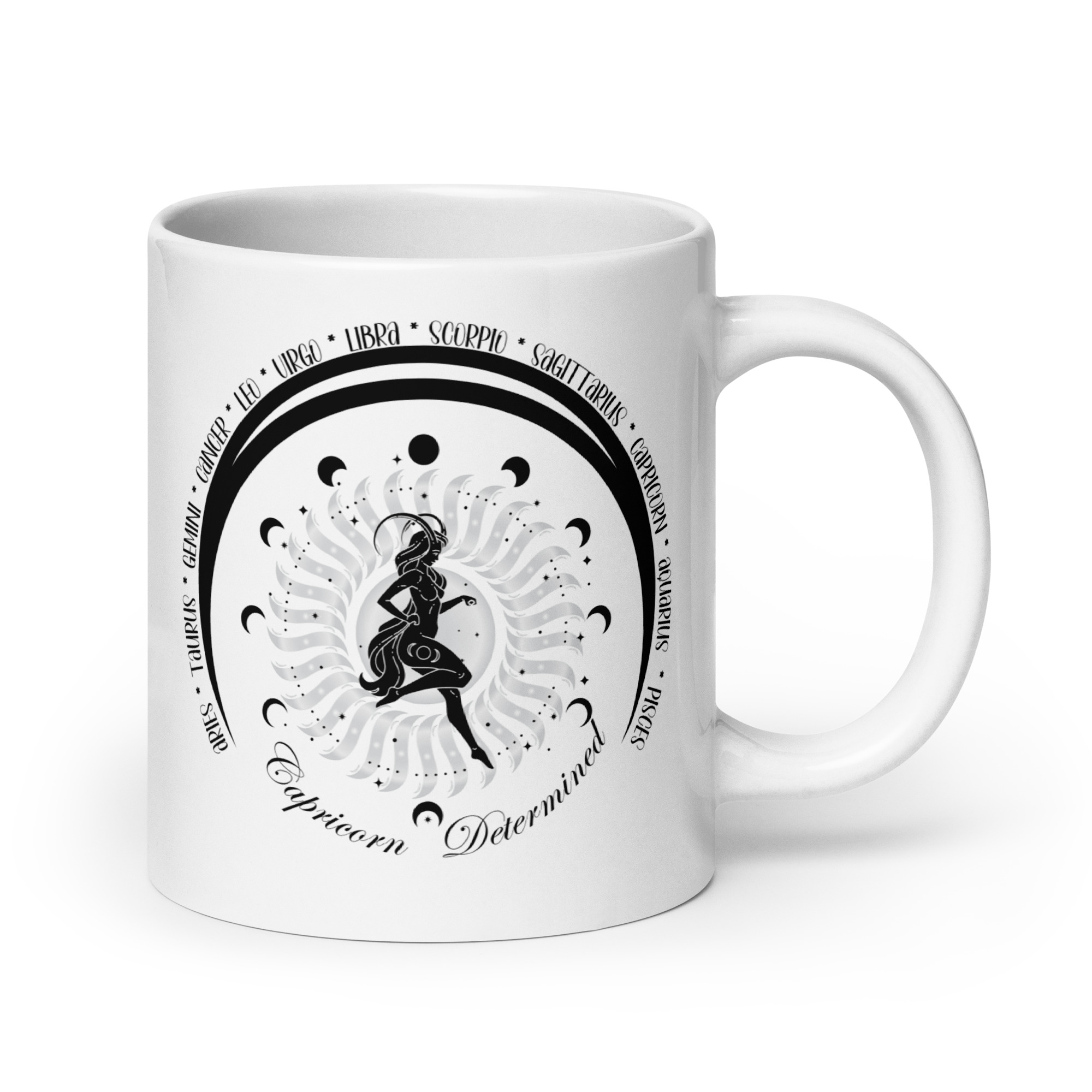 Zodiac Capricorn - Moon Cycles, Stars, Tribal Circle - White glossy mug