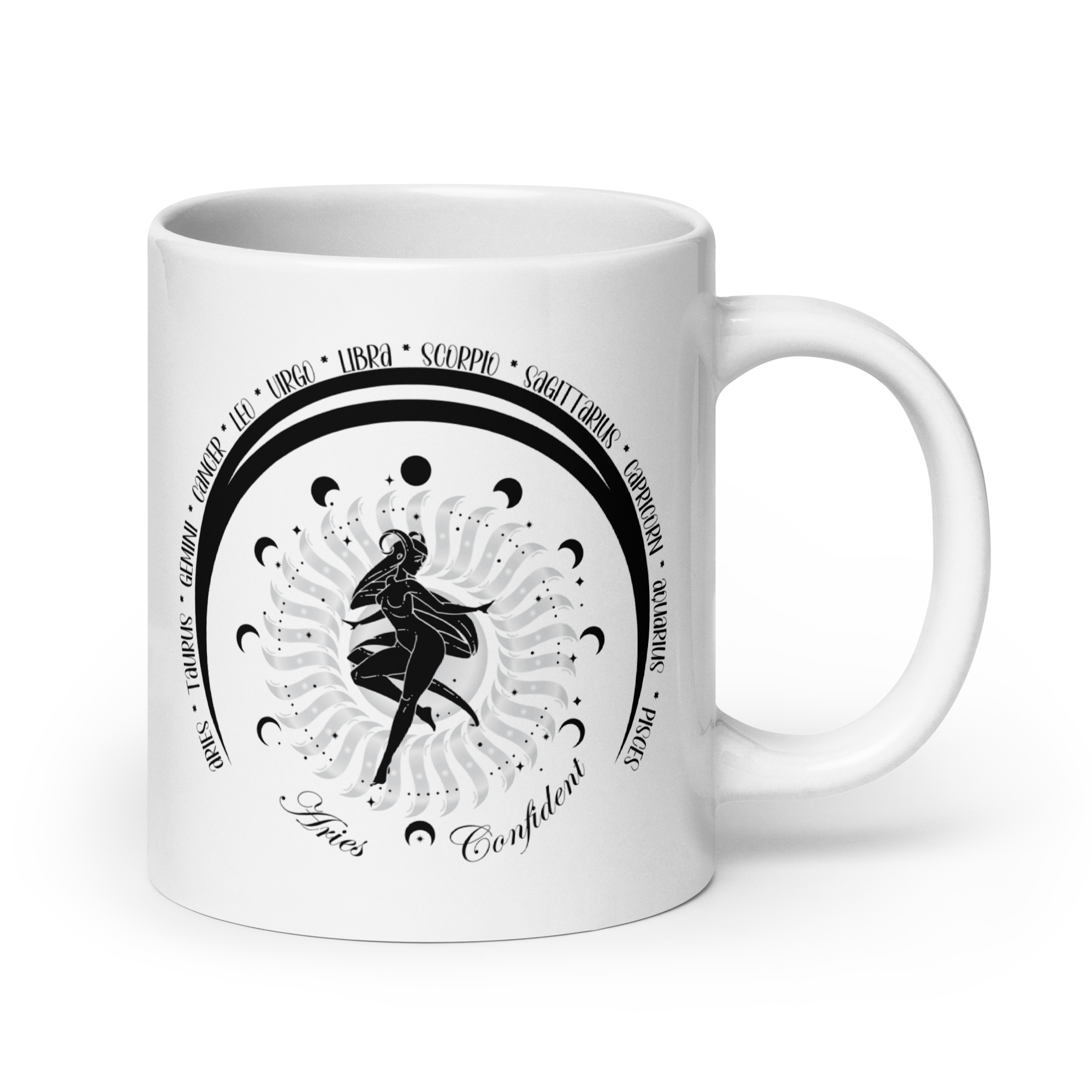 Zodiac Aries - Moon Cycles, Stars, Tribal Circle - White glossy mug