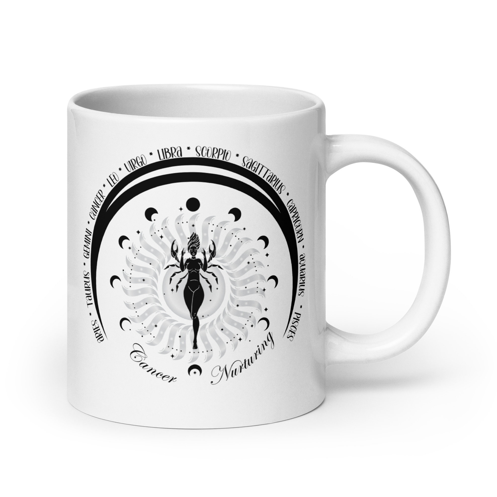Zodiac Cancer - Moon Cycles, Stars, Tribal Circle - White glossy mug